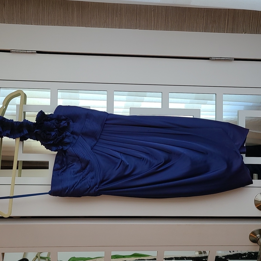 BCBG navy draped dress with flower applique one shoulder